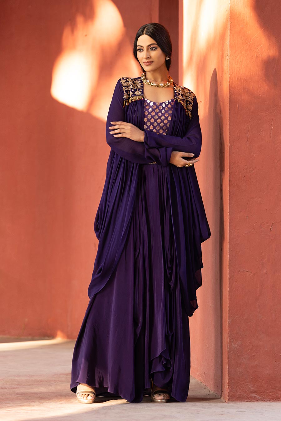 Purple Embroidered Blouse, Shrug & Skirt Co-Ord Set