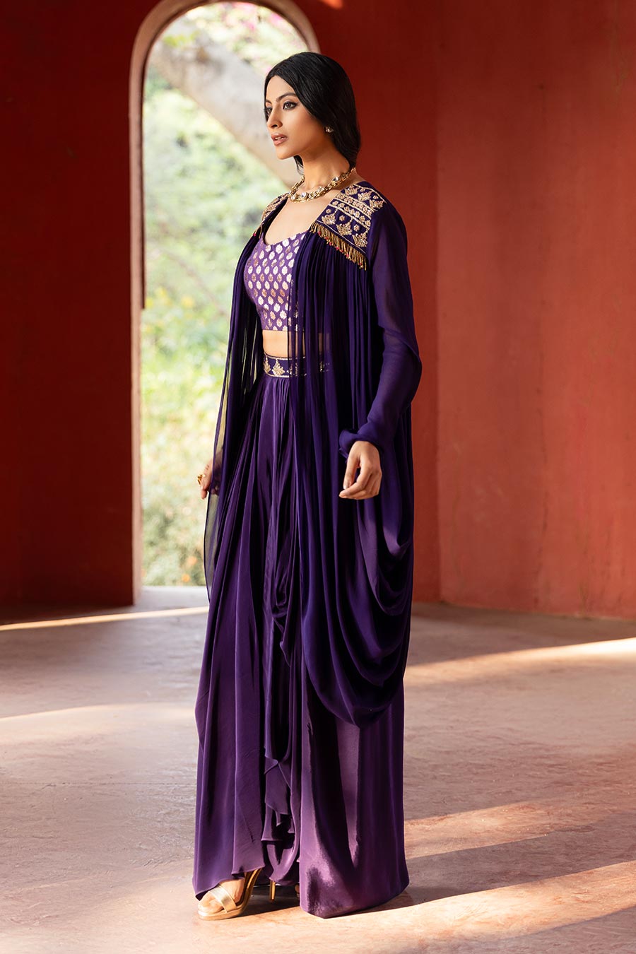 Purple Embroidered Blouse, Shrug & Skirt Co-Ord Set