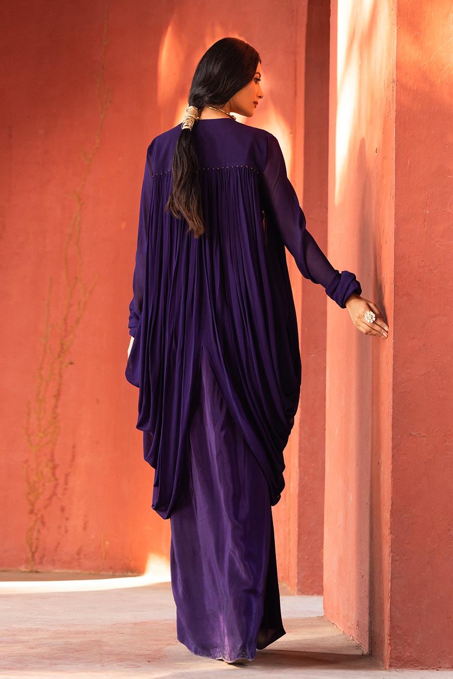 Purple Embroidered Blouse, Shrug & Skirt Co-Ord Set