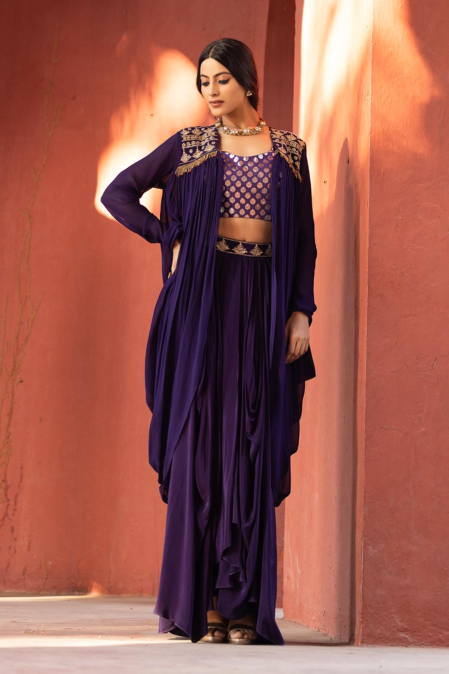 Purple Embroidered Blouse, Shrug & Skirt Co-Ord Set