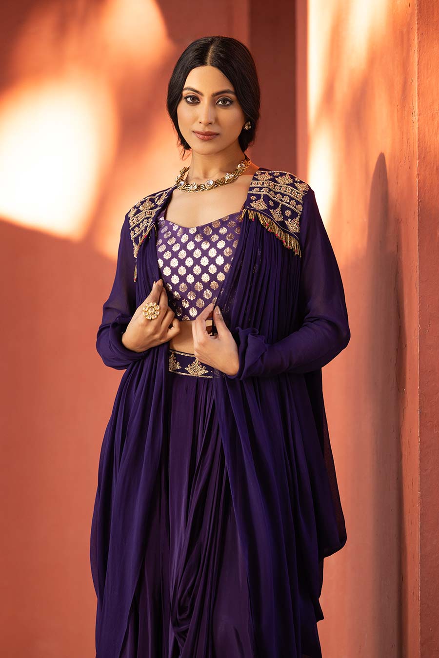 Purple Embroidered Blouse, Shrug & Skirt Co-Ord Set