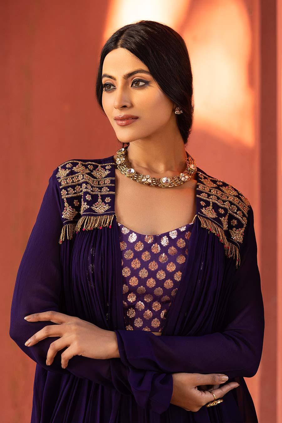 Purple Embroidered Blouse, Shrug & Skirt Co-Ord Set