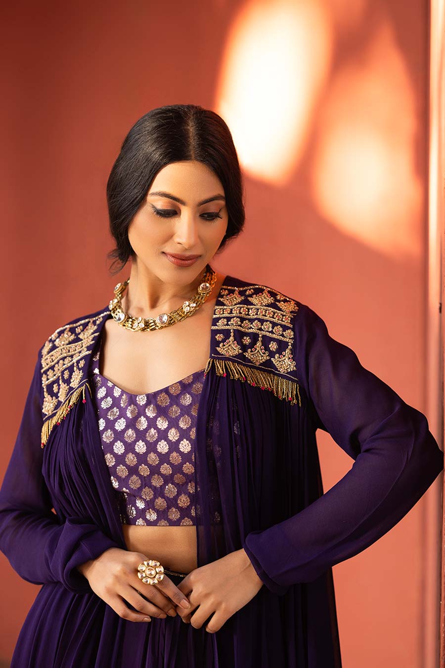 Purple Embroidered Blouse, Shrug & Skirt Co-Ord Set