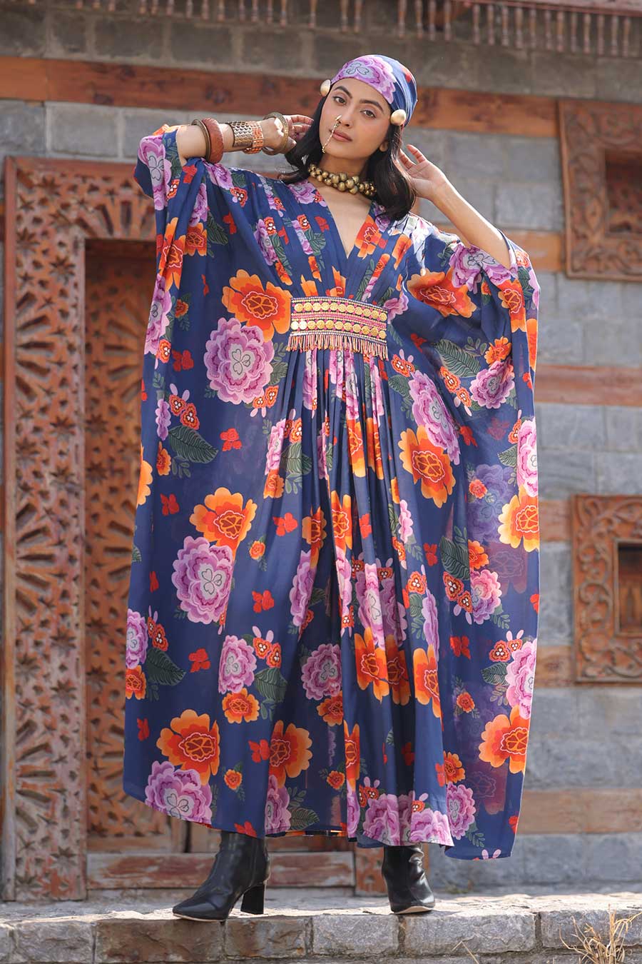 Blue Floral Printed Kaftan