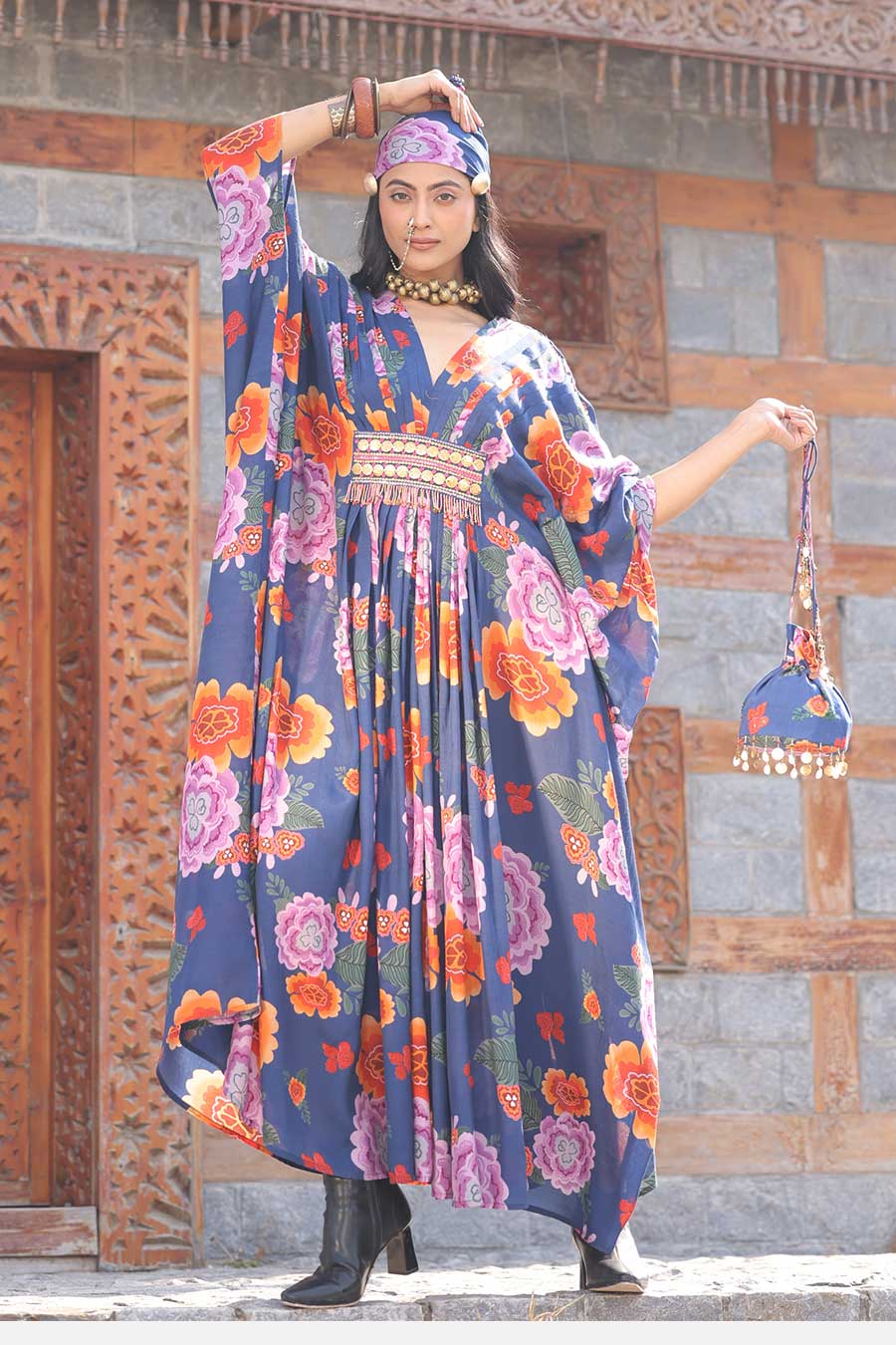 Blue Floral Printed Kaftan