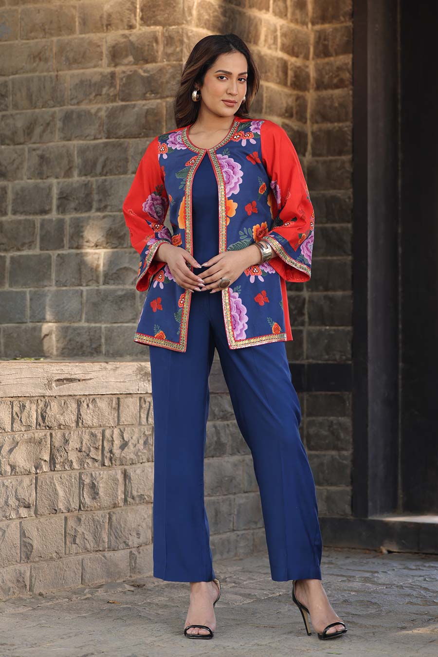 Blue Printed Jacket, Inner & Pant Co-Ord Set