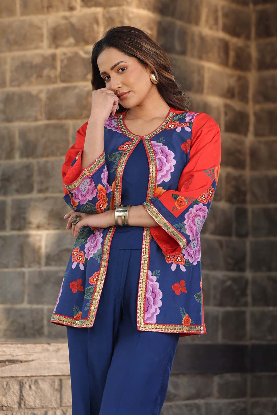 Blue Printed Jacket, Inner & Pant Co-Ord Set