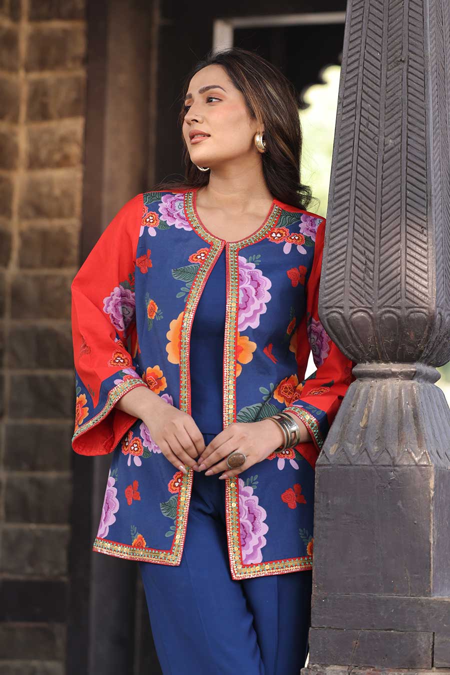 Blue Printed Jacket, Inner & Pant Co-Ord Set