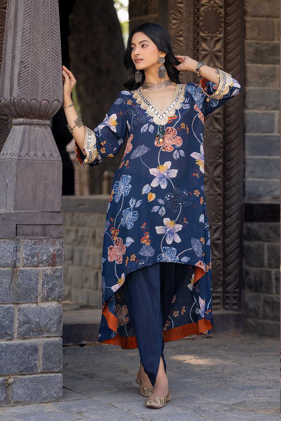 Blue Printed High-Low Kurta & Dhoti Pant Set
