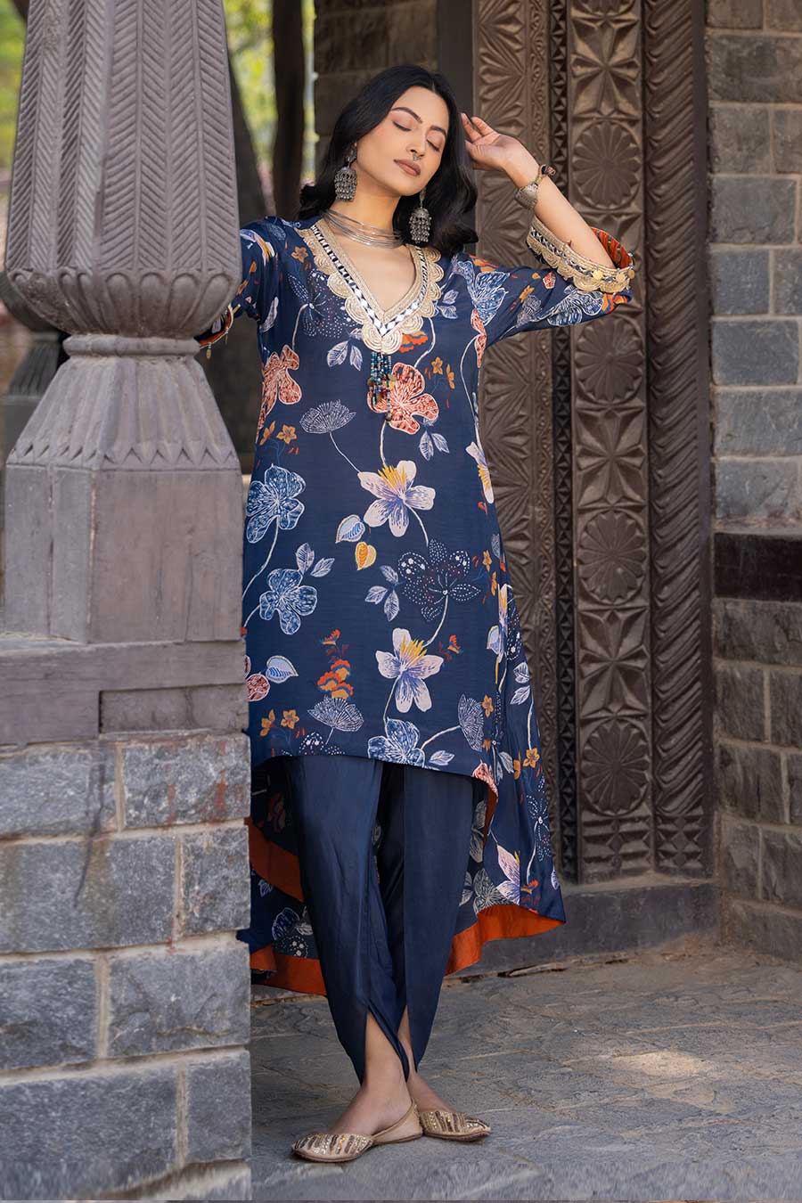 Blue Printed High-Low Kurta & Dhoti Pant Set