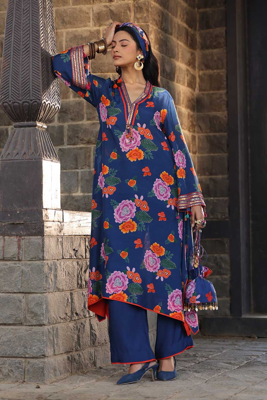 Blue Printed Long Kurta & Pant Set