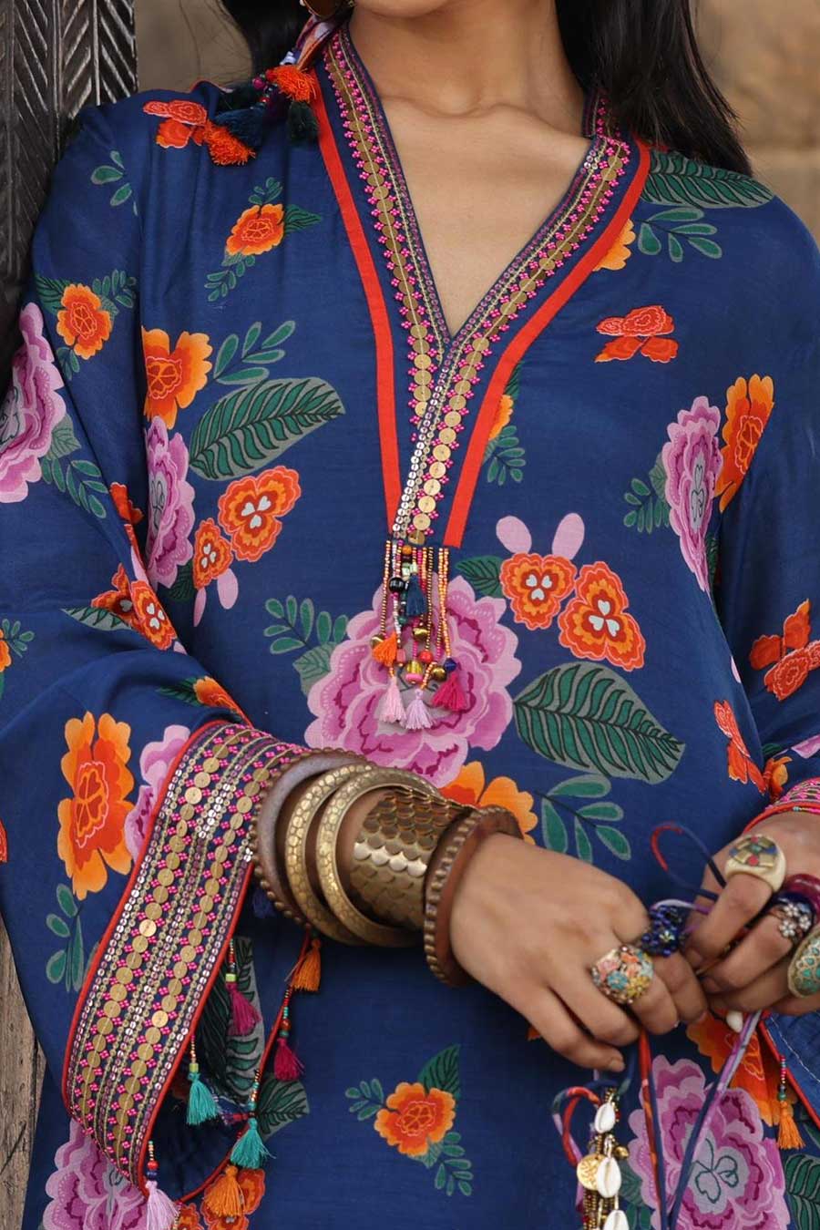 Blue Printed Long Kurta & Pant Set
