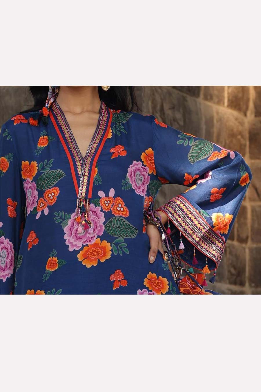 Blue Printed Long Kurta & Pant Set