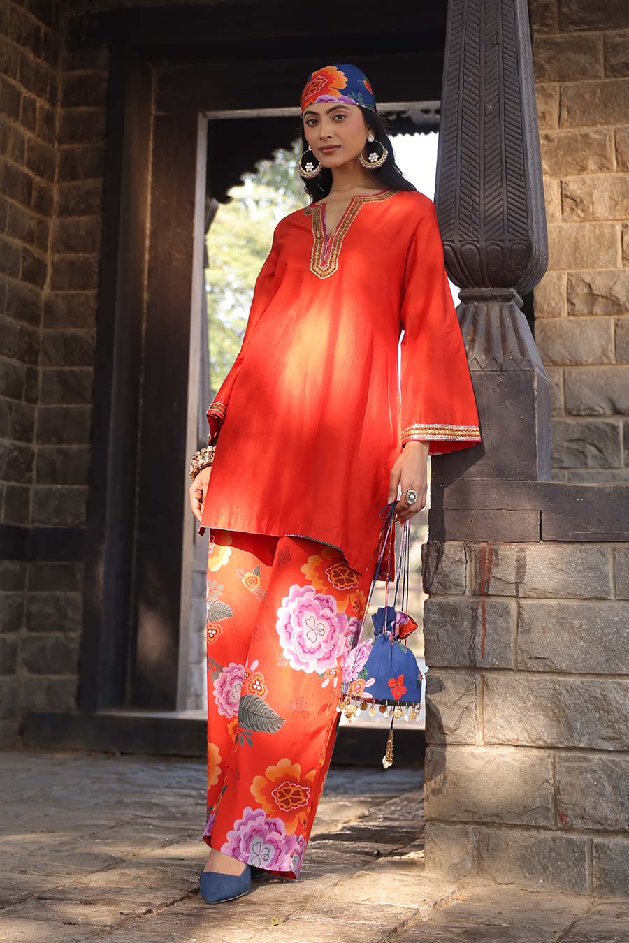 Orange Embellished Kurta & Printed Pant Set