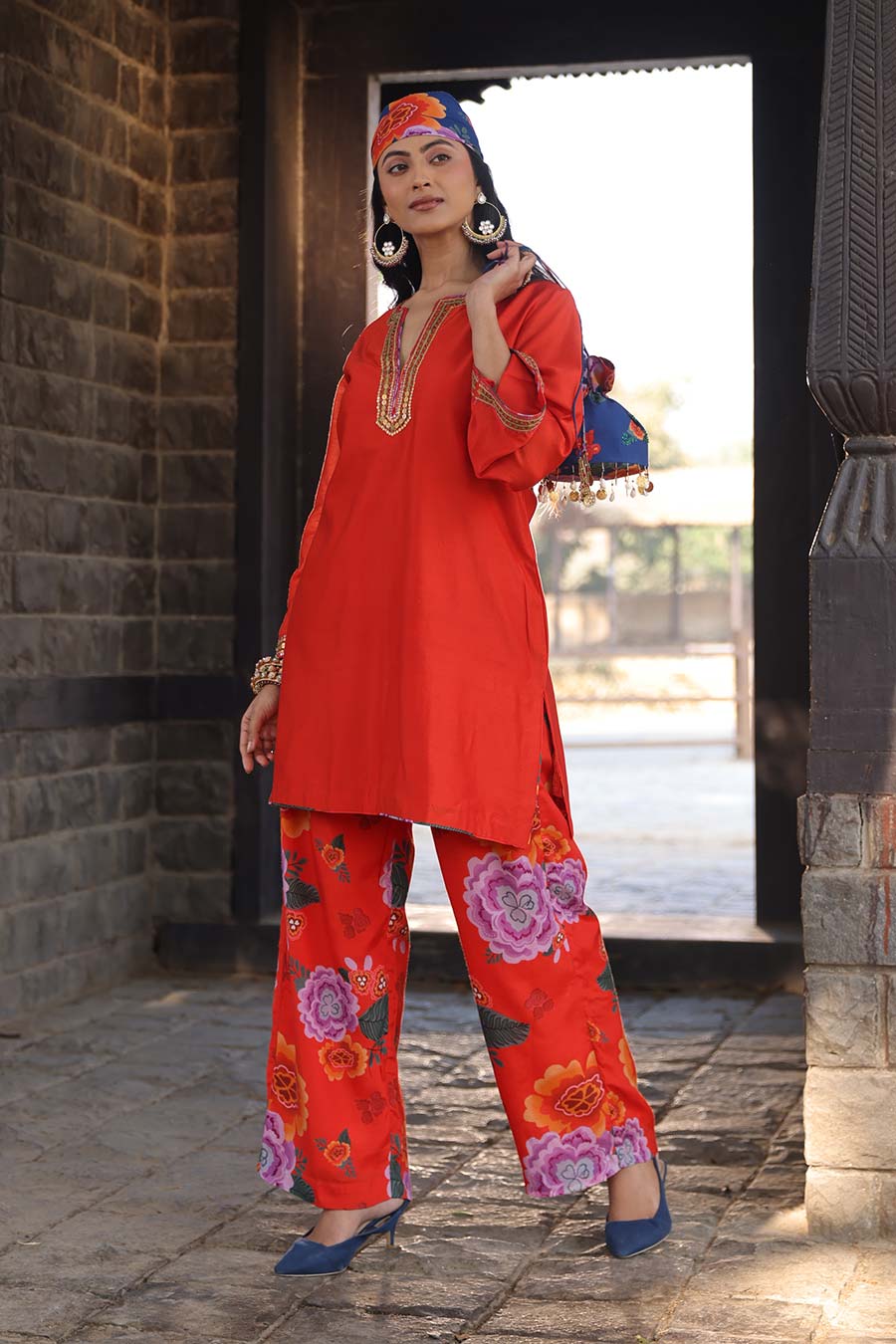 Orange Embellished Kurta & Printed Pant Set