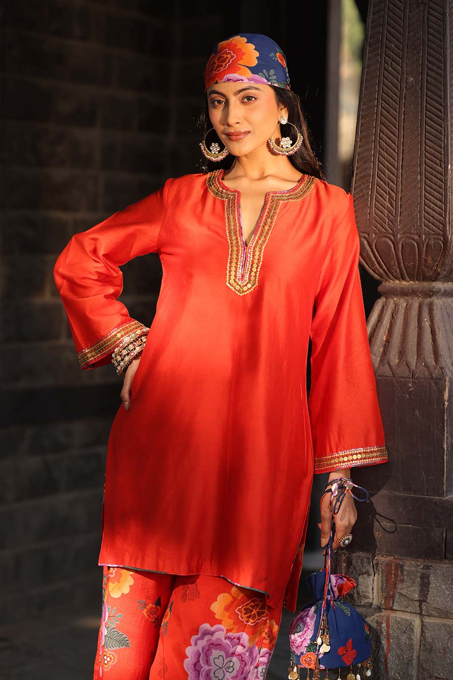 Orange Embellished Kurta & Printed Pant Set
