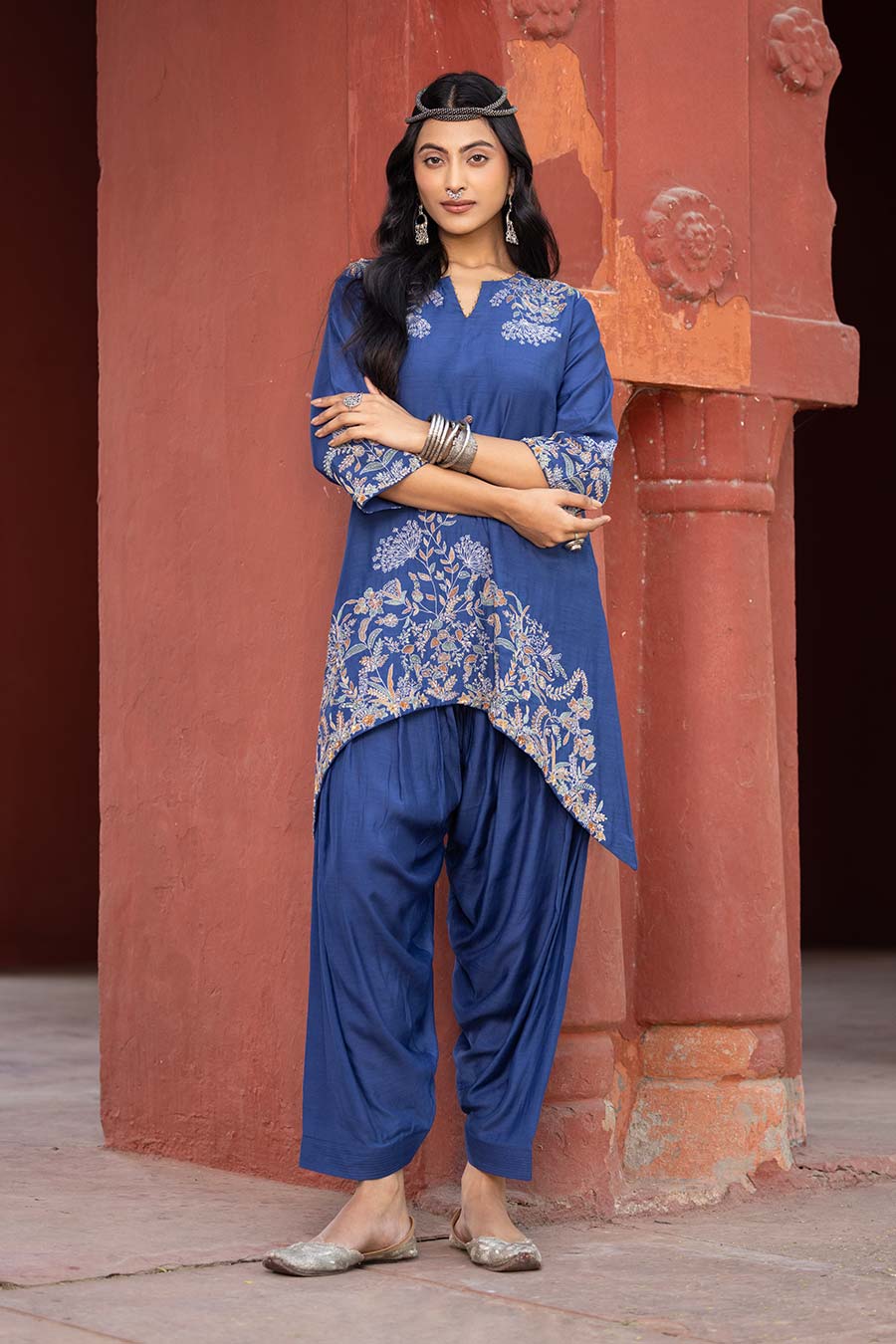 Blue Embroidered Short Kurta & Salwar Set