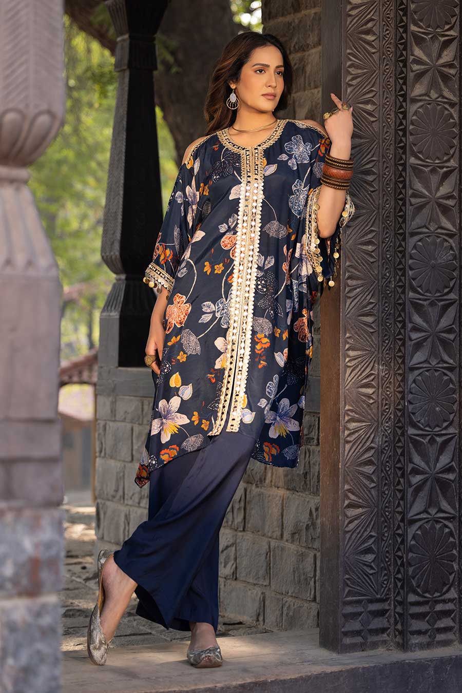 Blue Printed Shoulder Cut-Out Kaftan & Pant Set