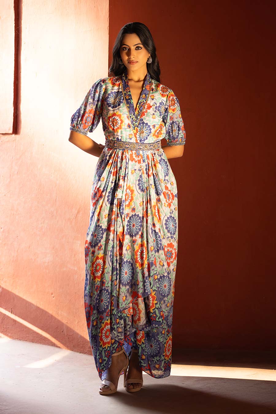 Multicolour Floral Printed Draped Dress