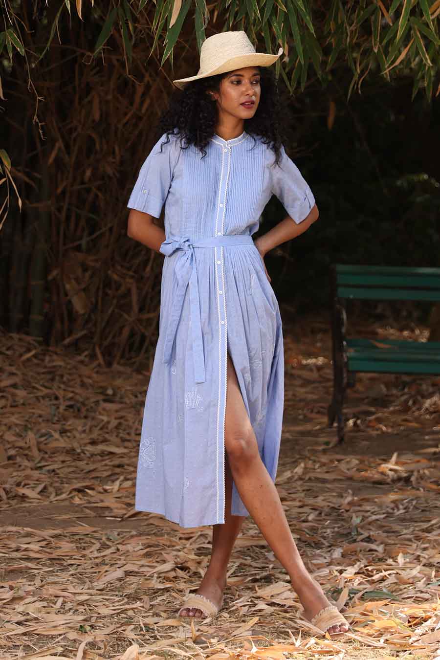 Blue Button-Down Midi Dress