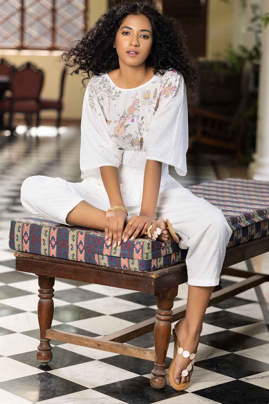 White Embellished Umbrella Top & Pant Co-Ord Set