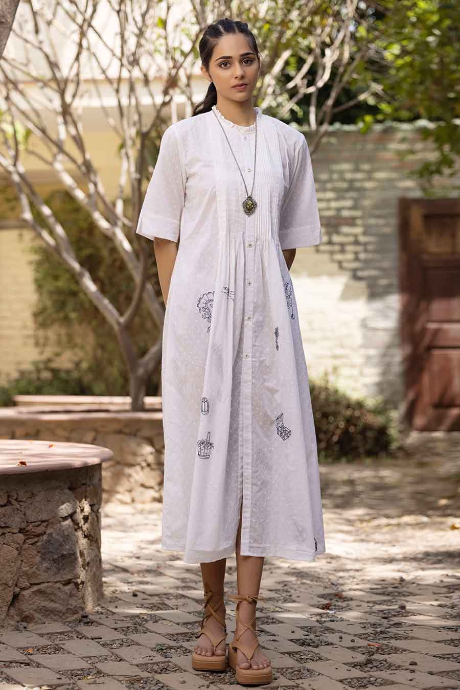 White Embroidered Pintuck Midi Dress