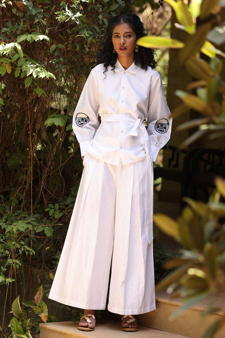 White Embroidered Shirt & Plazzo Pant Set
