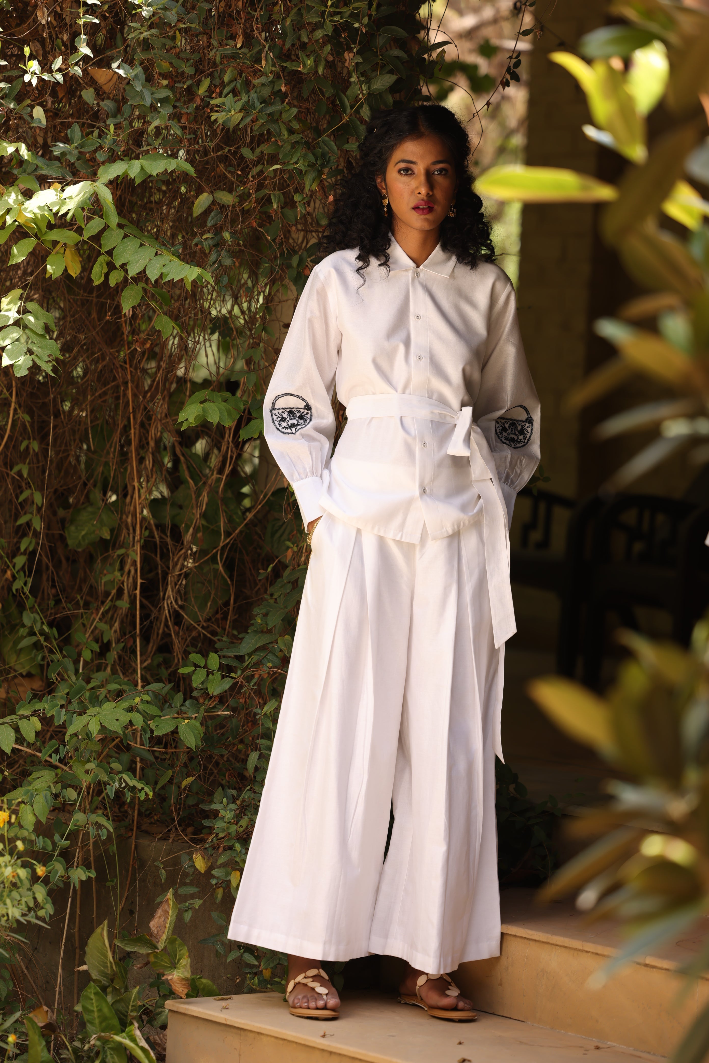 White Embroidered Shirt & Plazzo Pant Set