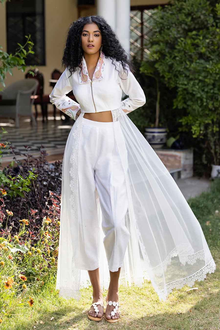White Embroidered Crop Top & Pant Co-Ord Set