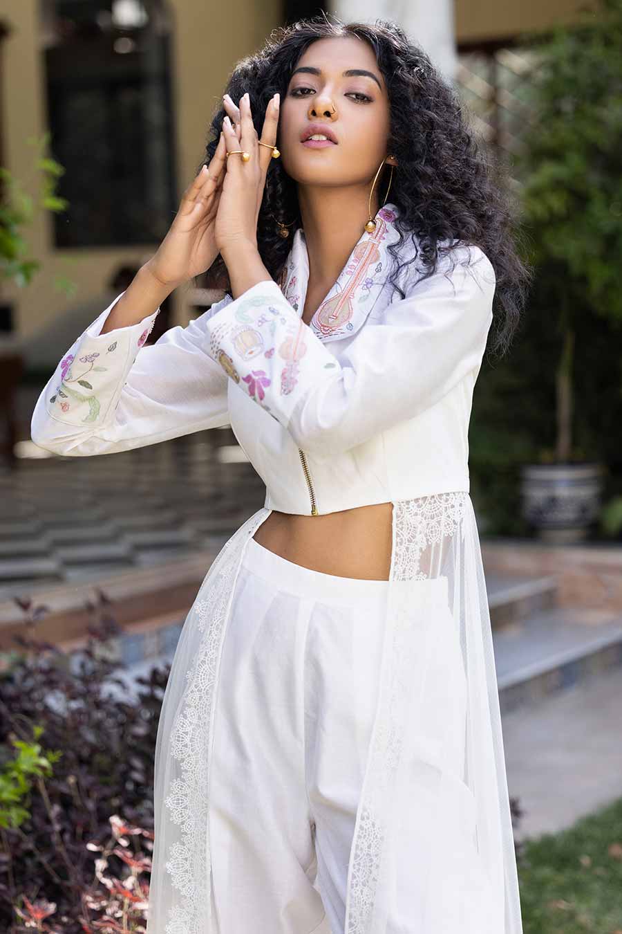 White Embroidered Crop Top & Pant Co-Ord Set