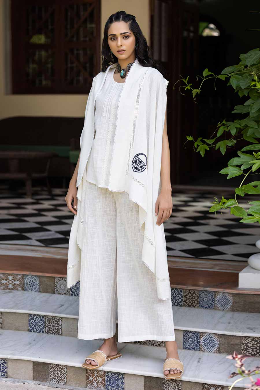 White Embroidered Top, Pant & Shrug Co-Ord Set
