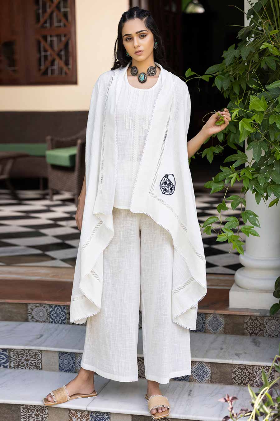 White Embroidered Top, Pant & Shrug Co-Ord Set