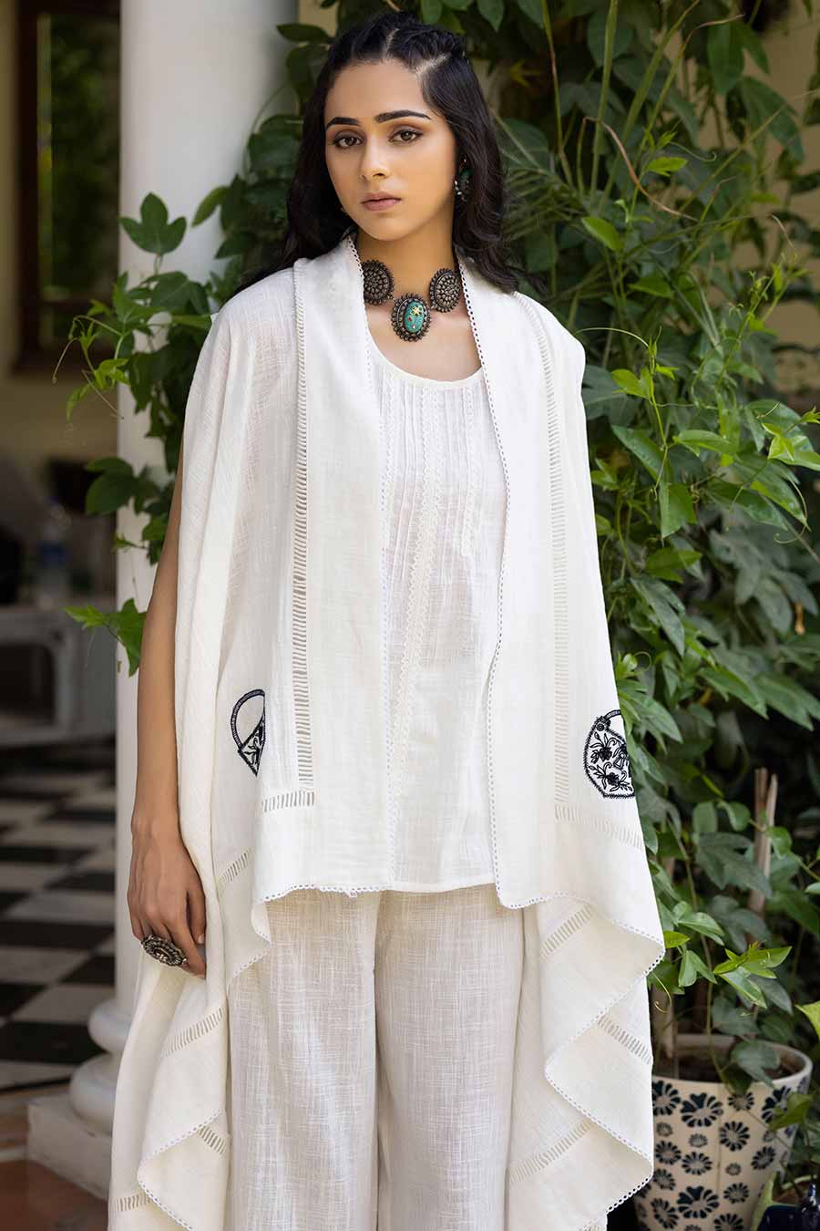 White Embroidered Top, Pant & Shrug Co-Ord Set