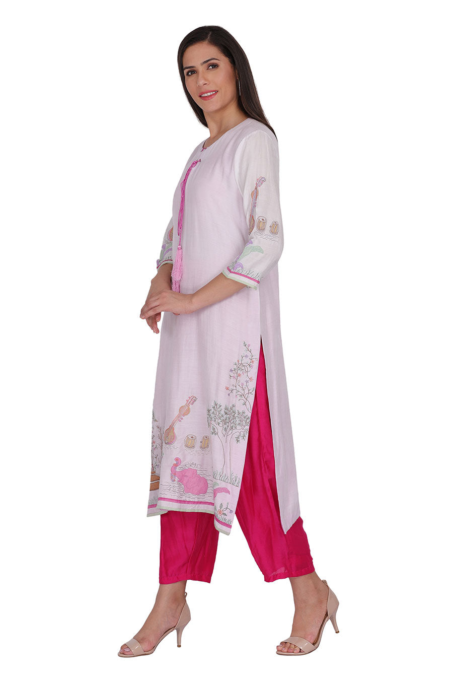 White Embroidered Kurta & Pink Pant Set