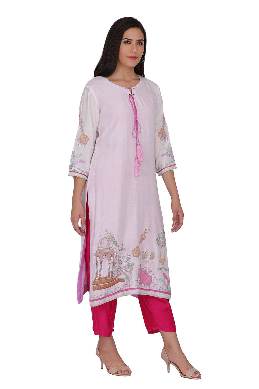 White Embroidered Kurta & Pink Pant Set
