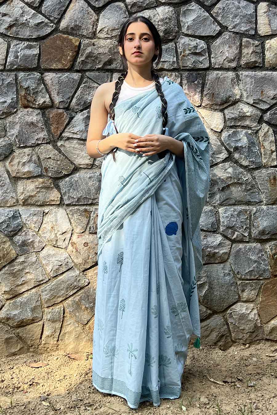 Blue Nature Inspired Hand-Block Printed Saree