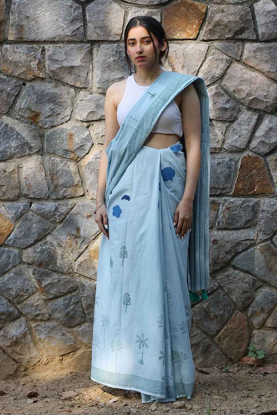 Blue Nature Inspired Hand-Block Printed Saree