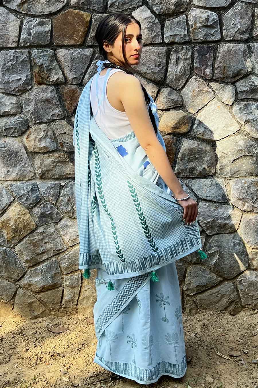 Blue Nature Inspired Hand-Block Printed Saree