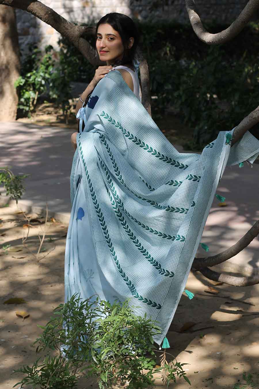 Blue Nature Inspired Hand-Block Printed Saree