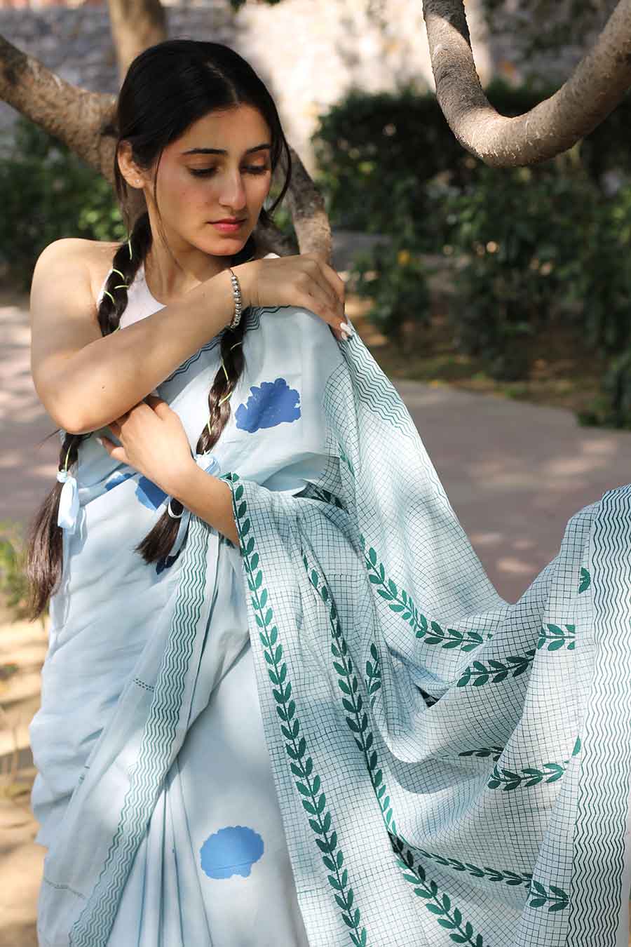 Blue Nature Inspired Hand-Block Printed Saree