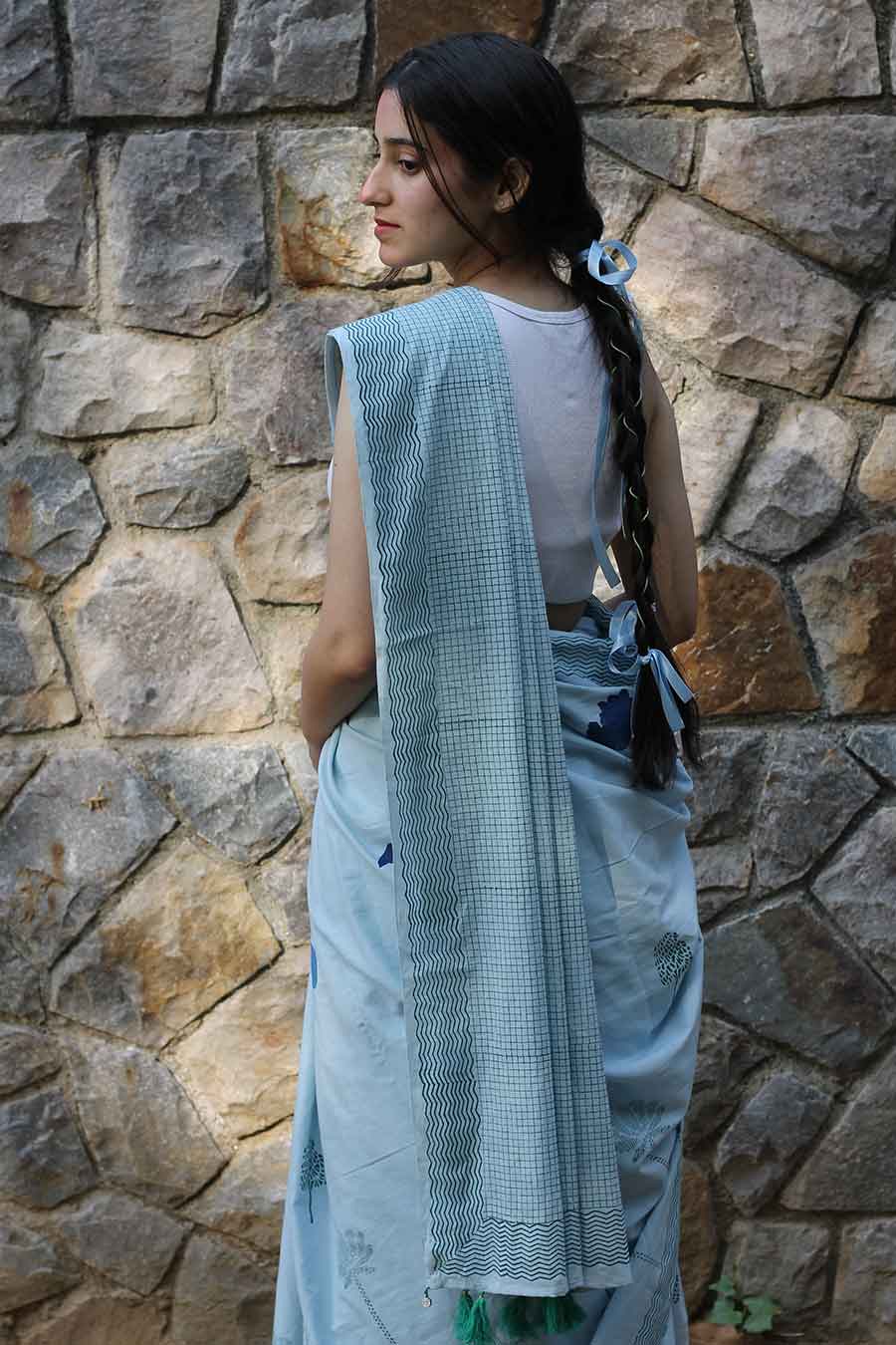 Blue Nature Inspired Hand-Block Printed Saree