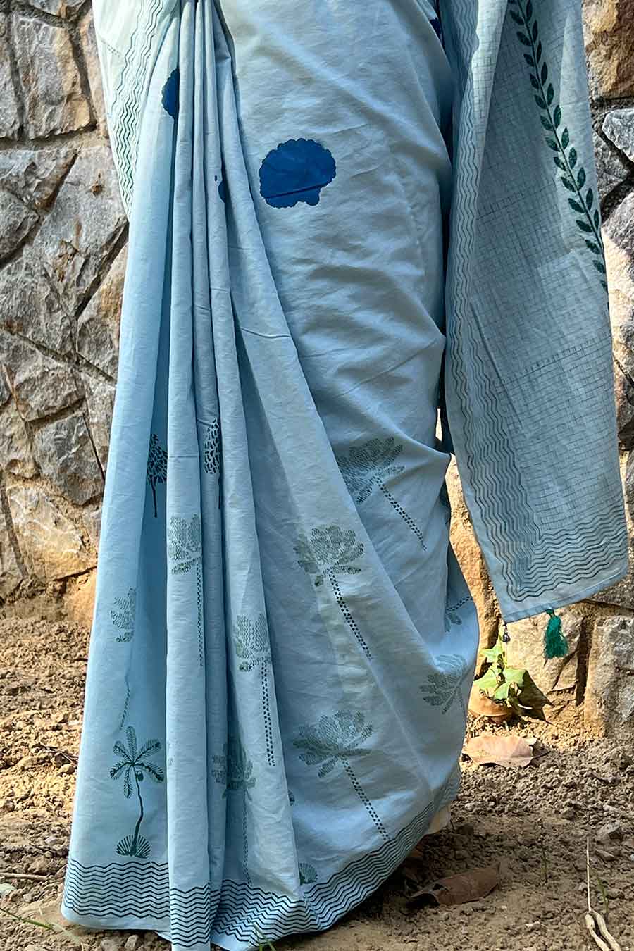 Blue Nature Inspired Hand-Block Printed Saree