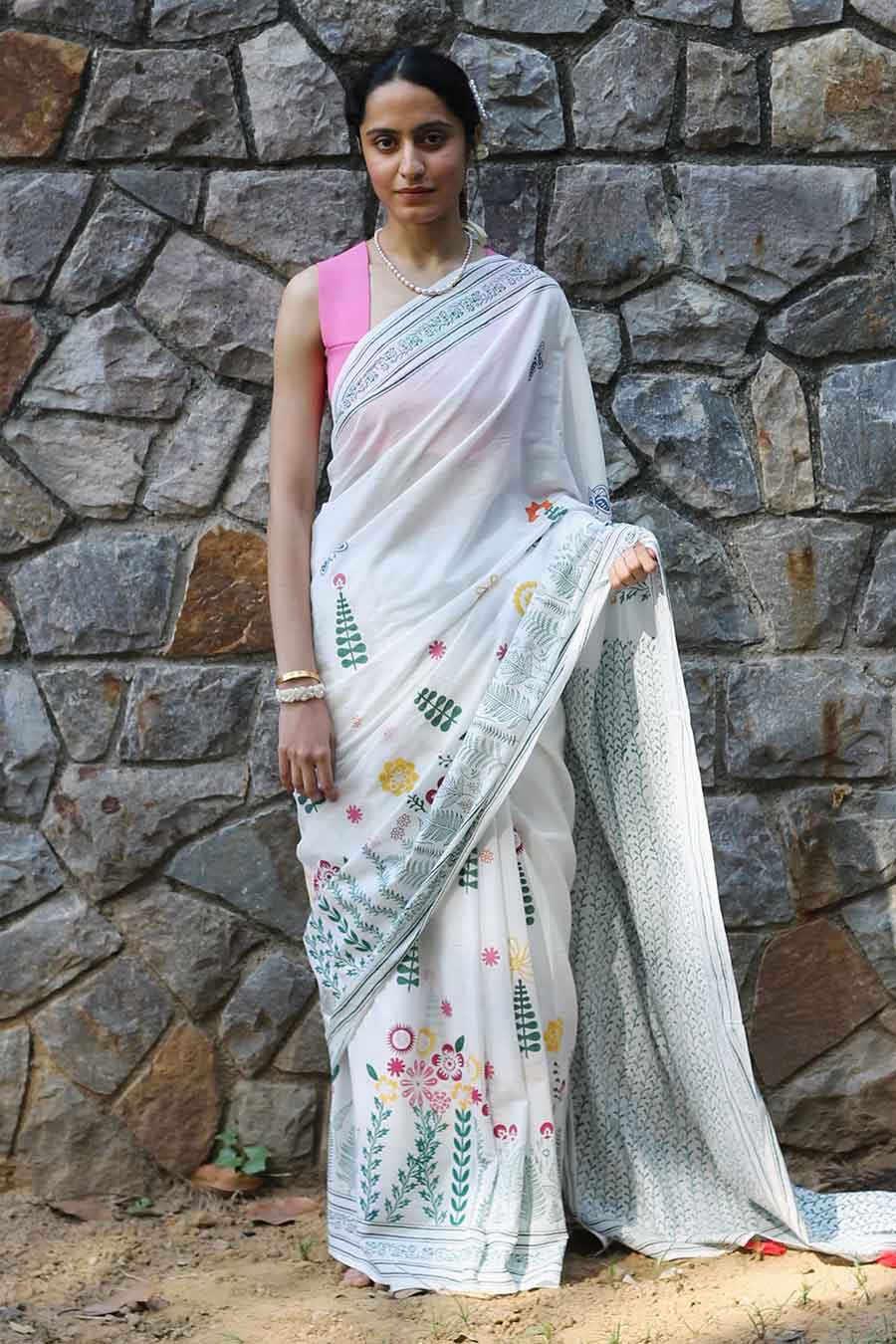 White Nature Inspired Hand-Block Printed Saree