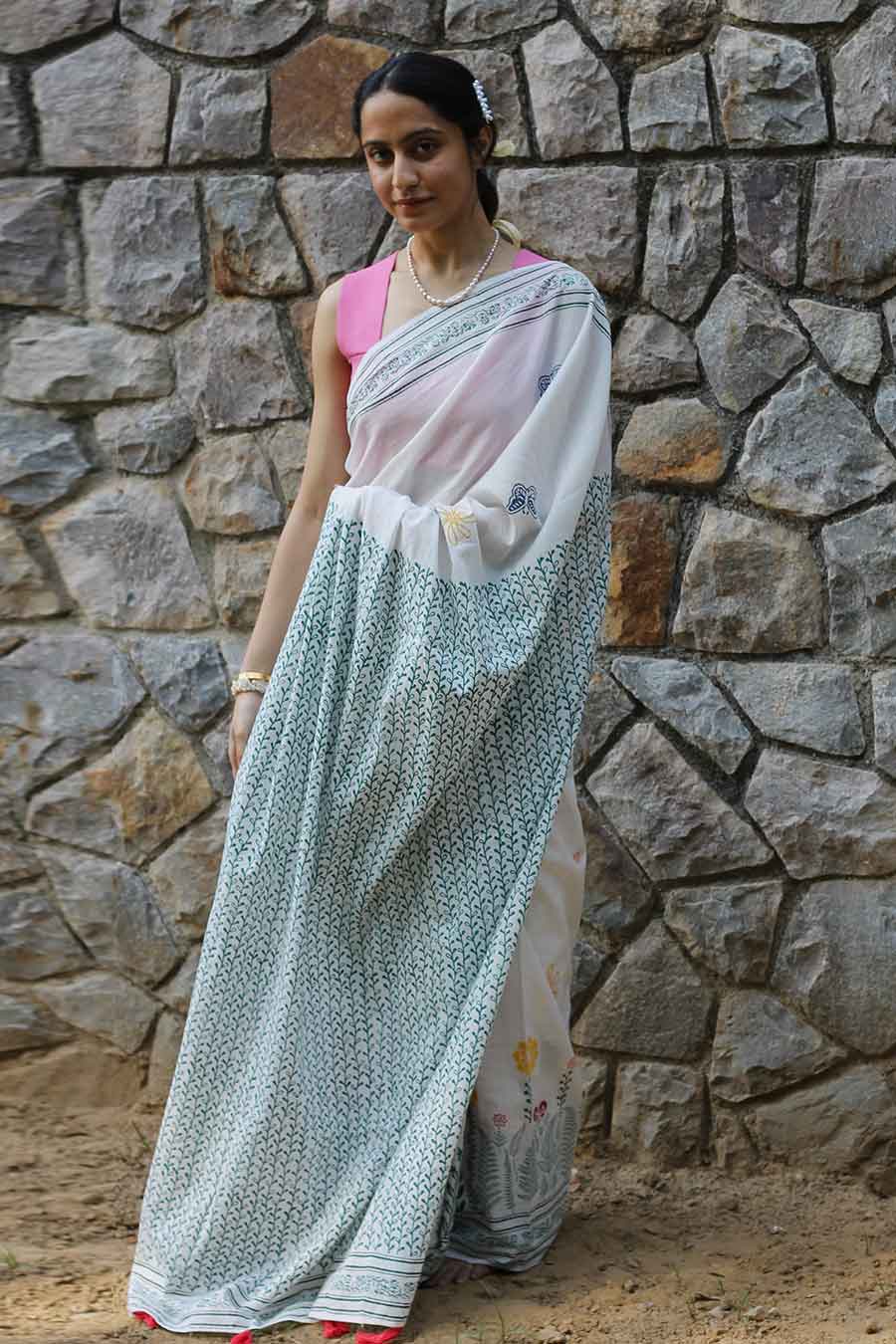 White Nature Inspired Hand-Block Printed Saree