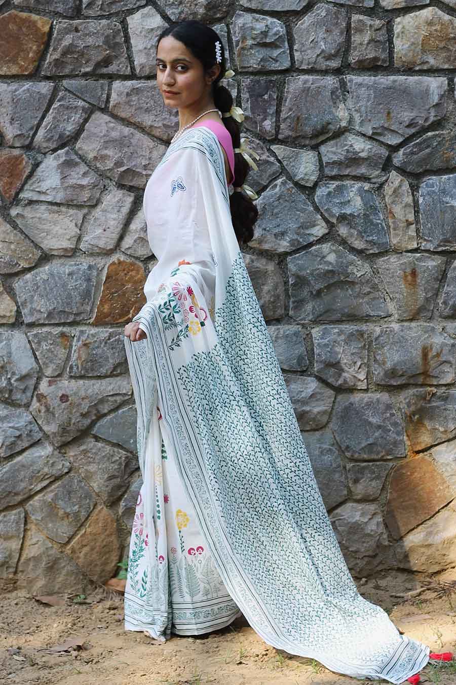 White Nature Inspired Hand-Block Printed Saree