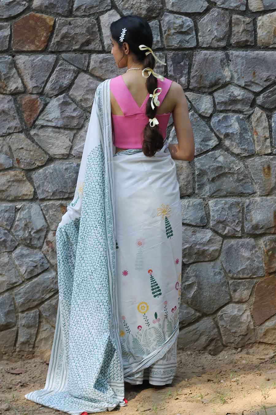 White Nature Inspired Hand-Block Printed Saree