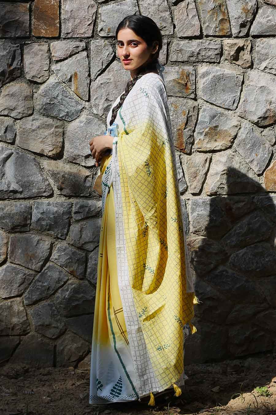 Yellow Nature Inspired Hand-Block Printed Saree