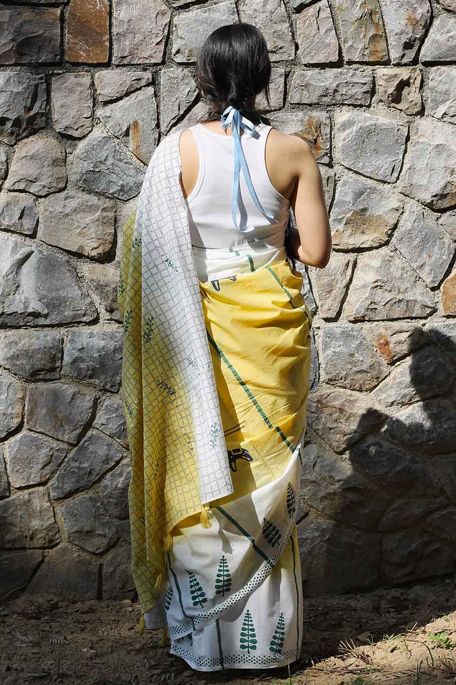 Yellow Nature Inspired Hand-Block Printed Saree