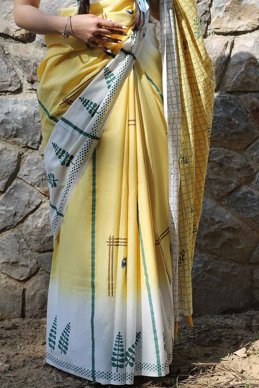 Yellow Nature Inspired Hand-Block Printed Saree