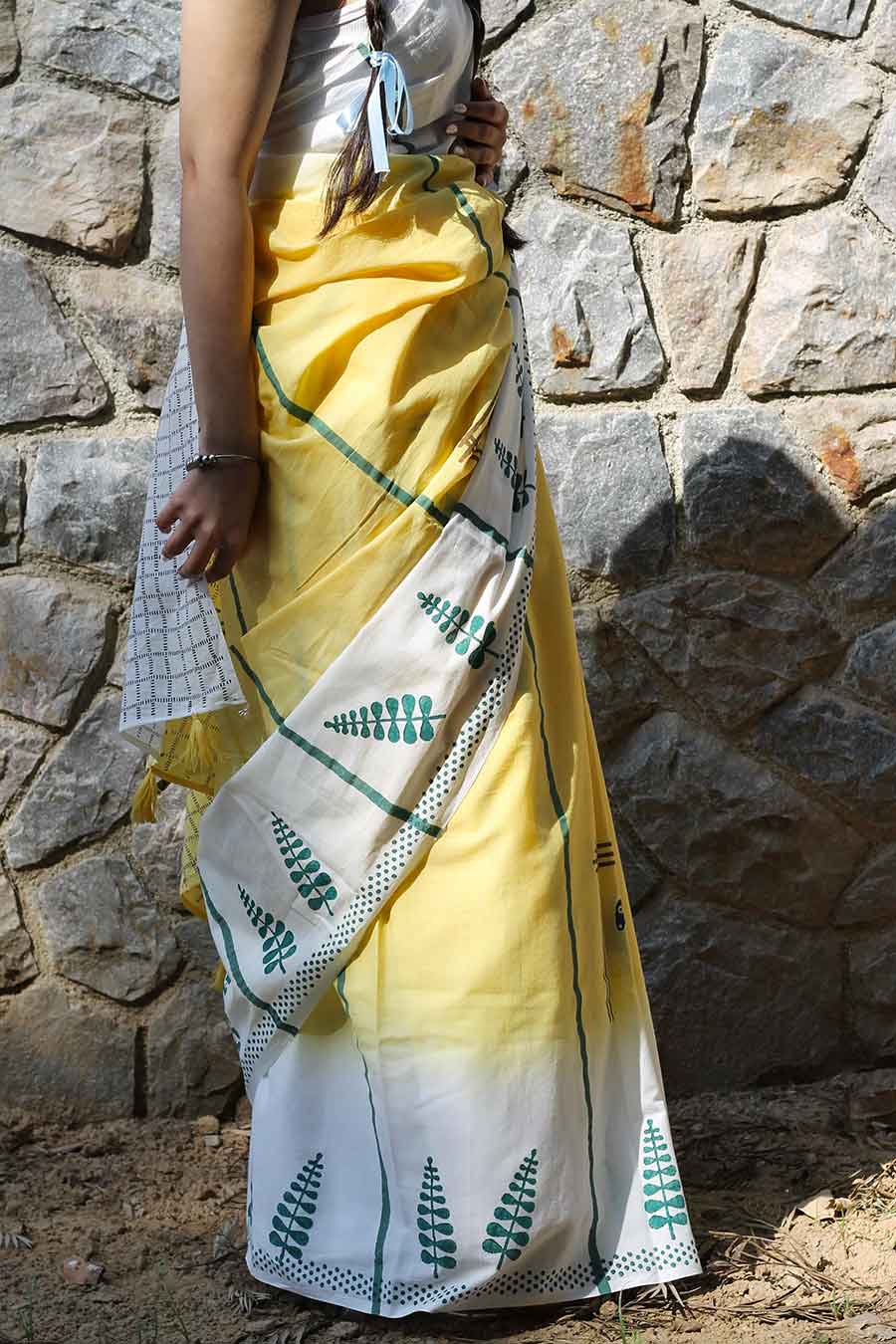 Yellow Nature Inspired Hand-Block Printed Saree